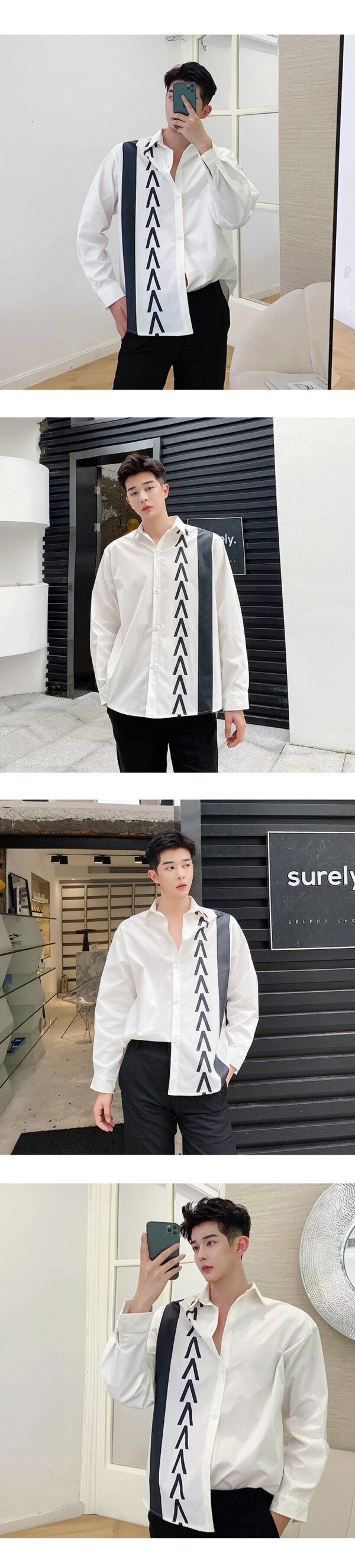 S84-P70 Autumn New Trend Personality Design Hit Color Print Long-sleeved Loose-fitting Casual Shirt