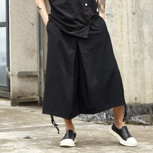 X044p85 Original DesignJanpese Style Cotton Hemp Loose Wide Leg Drawstring Dark Men's Casual Pants Skirt Retro