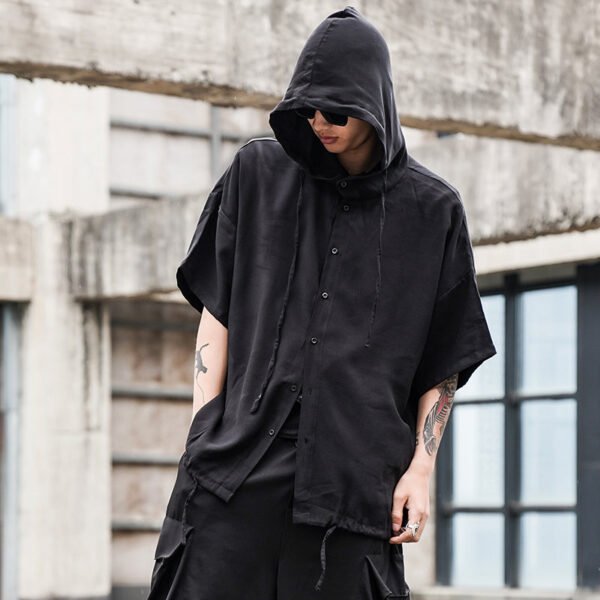 Y045P80 Original Design Dark Japanese Yamamoto Style Cap Loose Fall Shoulder Drawstring Men's Shirt Top .