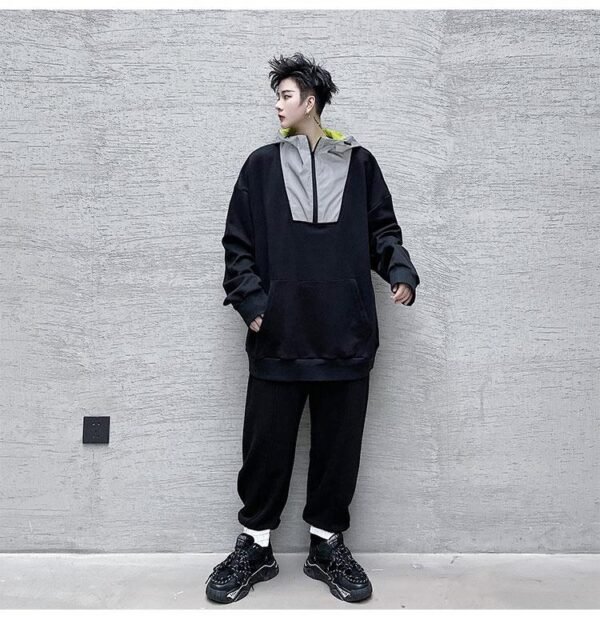 KK1481 Autumn Reflective Cloth Splicing Hooded Elastic Waist Men's Leisure Sports Suit