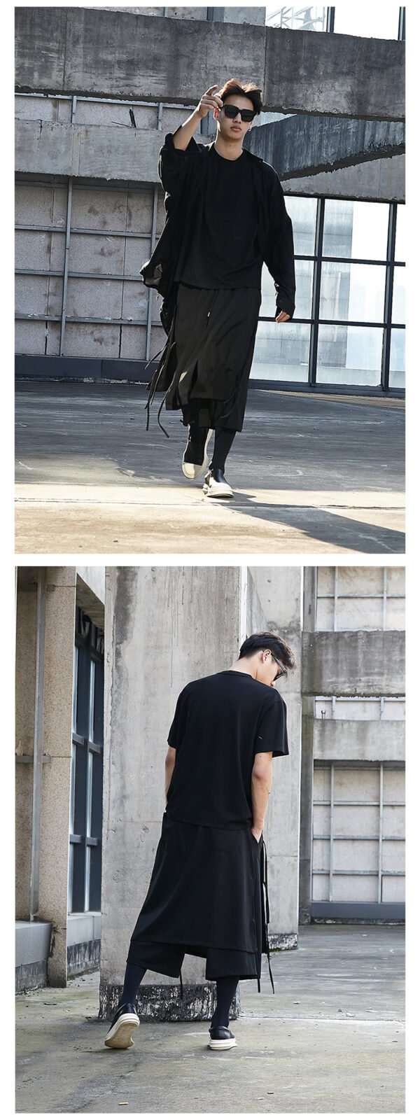 Y021P85 Yohji Show Front Short Back BLACK Cardigan Mountain Breeze Loose Dark Black Men Stand Collar Silk Slip Shirt .