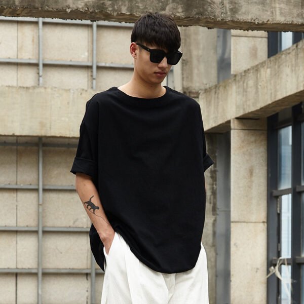 TP1P65 Fresh Black Yamamoto Yew Style Breathable Linen Solid Color Top Japanese Casual Linen Male Middle Sleeve