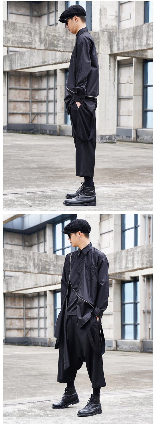 Y038P100 Original Design Dark Black Yamamoto Yaoshi Style Zipper Long Sleeve Long Length Shirt