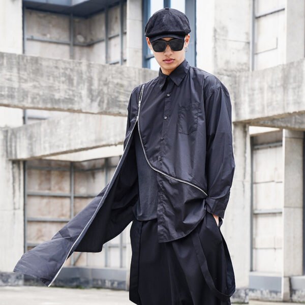 Y038P100 Original Design Dark Black Yamamoto Yaoshi Style Zipper Long Sleeve Long Length Shirt