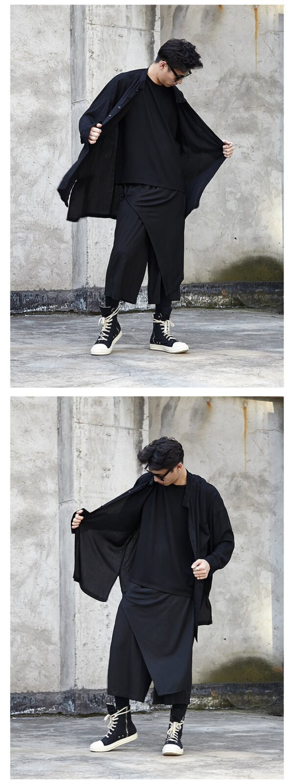 Y021P85 Yohji Show Front Short Back BLACK Cardigan Mountain Breeze Loose Dark Black Men Stand Collar Silk Slip Shirt .