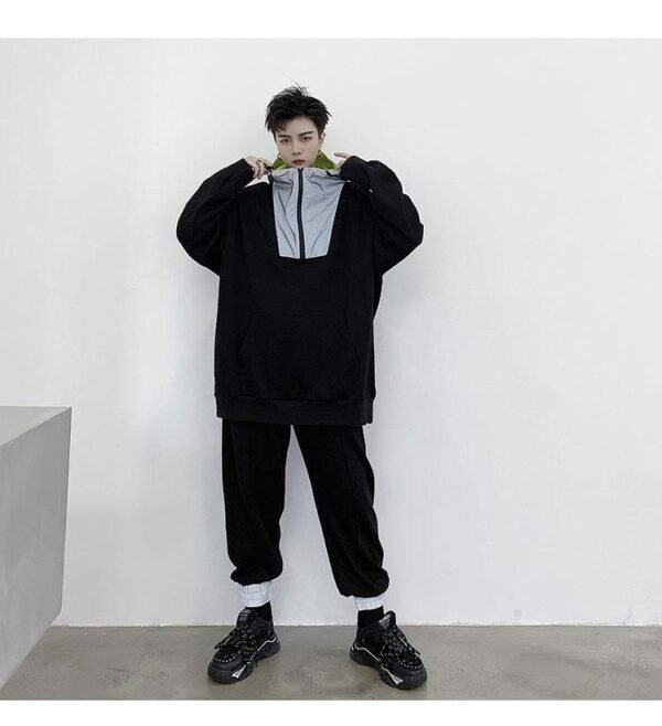 KK1481 Autumn Reflective Cloth Splicing Hooded Elastic Waist Men's Leisure Sports Suit