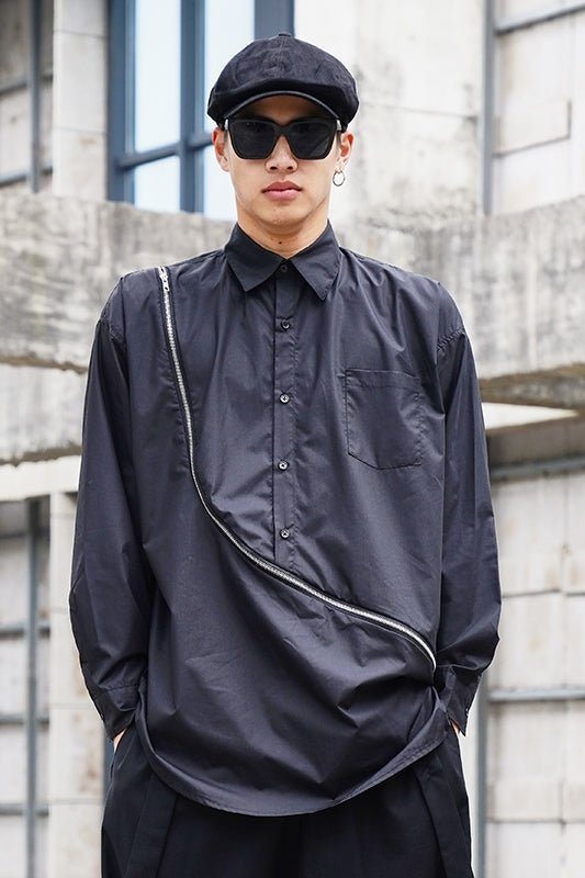 Y038P100 Original Design Dark Black Yamamoto Yaoshi Style Zipper Long Sleeve Long Length Shirt
