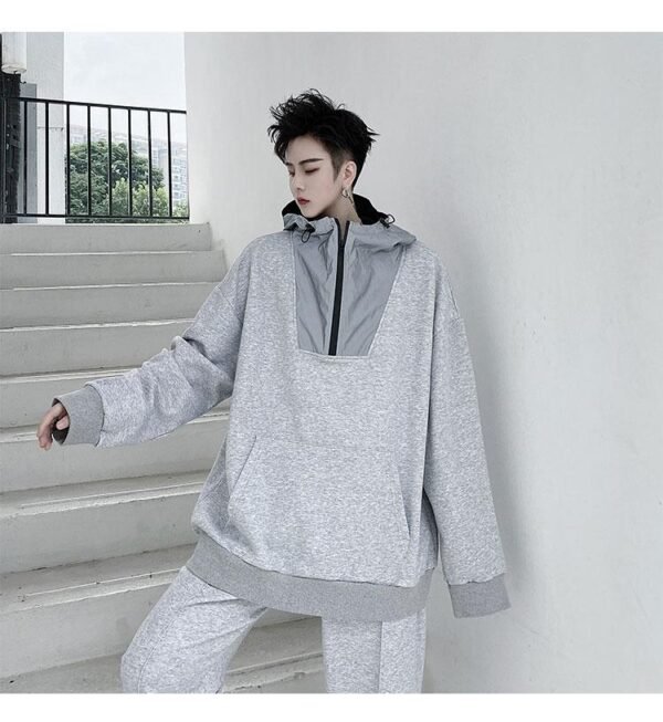 KK1481 Autumn Reflective Cloth Splicing Hooded Elastic Waist Men's Leisure Sports Suit