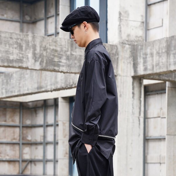 Y038P100 Original Design Dark Black Yamamoto Yaoshi Style Zipper Long Sleeve Long Length Shirt