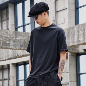 Y043P65 Original Design Dark Black Yamamoto Style Round Collar Men's Short-sleeved T Shirt