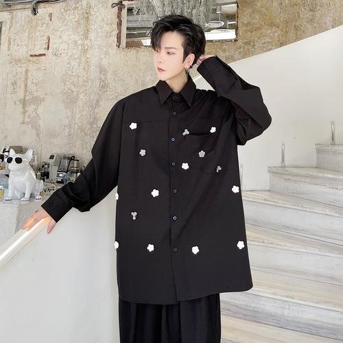 KK1749/P95 Pure Color Handmade Flower Design Loose Long Sleeve Shirt