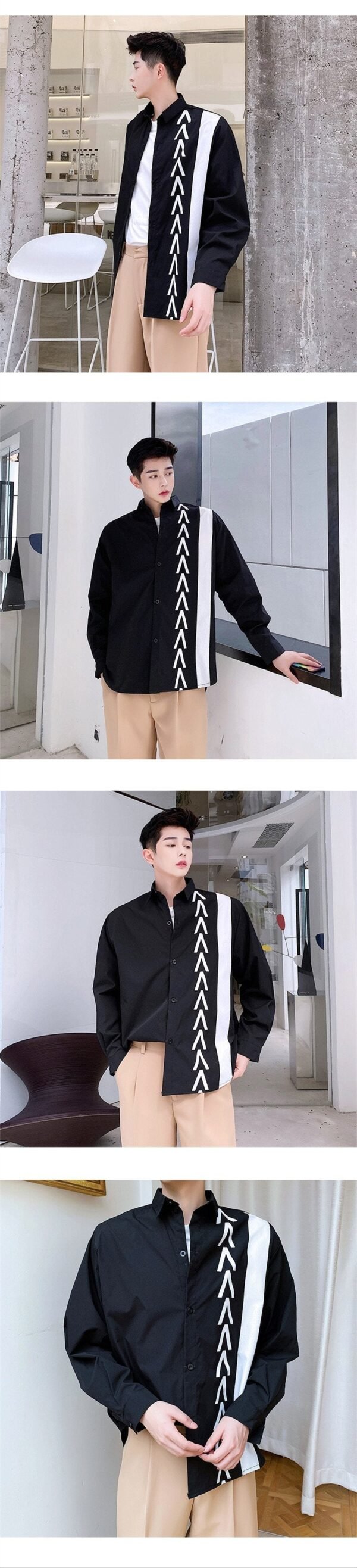 S84-P70 Autumn New Trend Personality Design Hit Color Print Long-sleeved Loose-fitting Casual Shirt