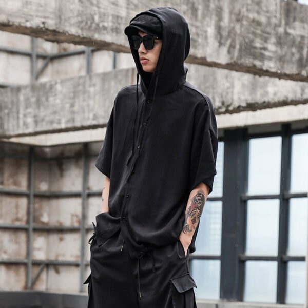 Y048p80 Original Design Dark Yamamoto Style Hooded Loose Off Shoulder Men's Shirt Top