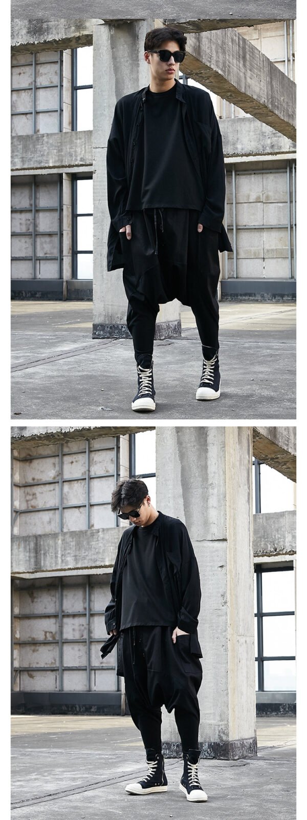 Y021P85 Yohji Show Front Short Back BLACK Cardigan Mountain Breeze Loose Dark Black Men Stand Collar Silk Slip Shirt .