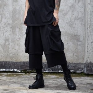 X051P100.  Original Dark Big Pocket Yohji Style Fake Two Design Men's Pants .