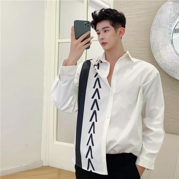 S84-P70 Autumn New Trend Personality Design Hit Color Print Long-sleeved Loose-fitting Casual Shirt