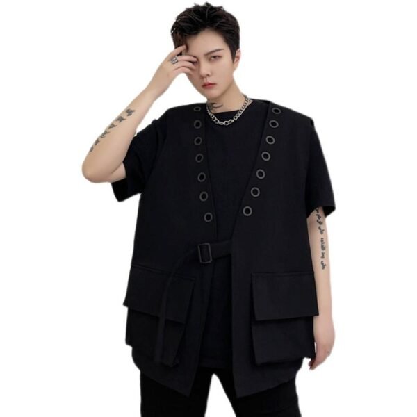 B251-JK83-P95 Dark Vintage Eyelet Button V-neck Waistcoat Solid Waistcoat