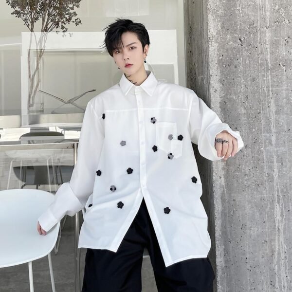 KK1749/P95 Pure Color Handmade Flower Design Loose Long Sleeve Shirt