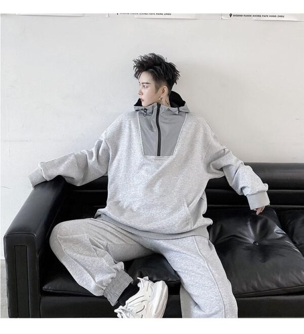 KK1481 Autumn Reflective Cloth Splicing Hooded Elastic Waist Men's Leisure Sports Suit