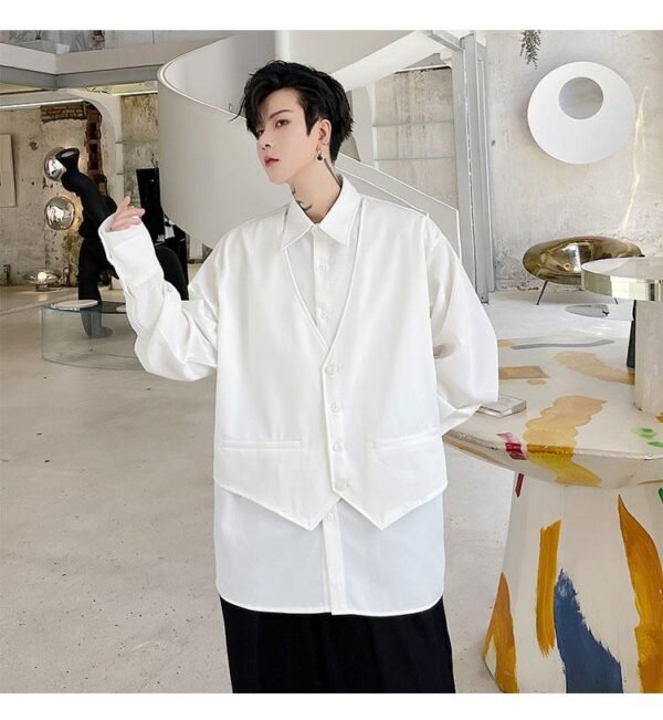 KK1747/P110 Solid Color Vest Fake Two-piece Design Men's Loose Long-sleeved Shirt