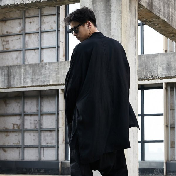 Y021P85 Yohji Show Front Short Back BLACK Cardigan Mountain Breeze Loose Dark Black Men Stand Collar Silk Slip Shirt .