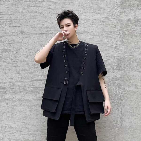 B251-JK83-P95 Dark Vintage Eyelet Button V-neck Waistcoat Solid Waistcoat