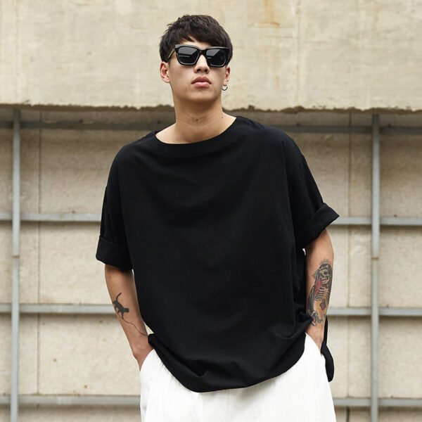 TP1P65 Fresh Black Yamamoto Yew Style Breathable Linen Solid Color Top Japanese Casual Linen Male Middle Sleeve