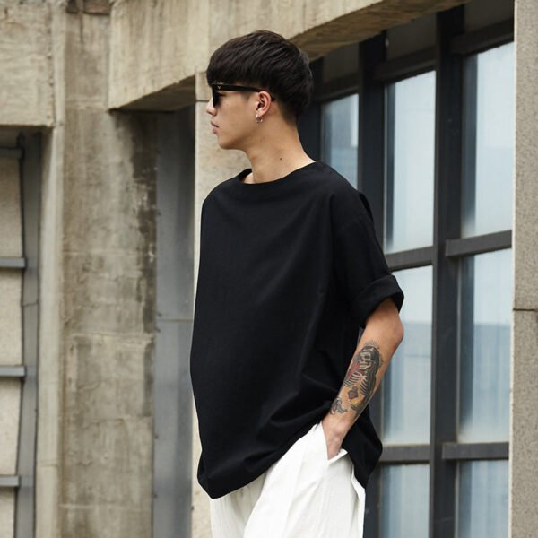 TP1P65 Fresh Black Yamamoto Yew Style Breathable Linen Solid Color Top Japanese Casual Linen Male Middle Sleeve