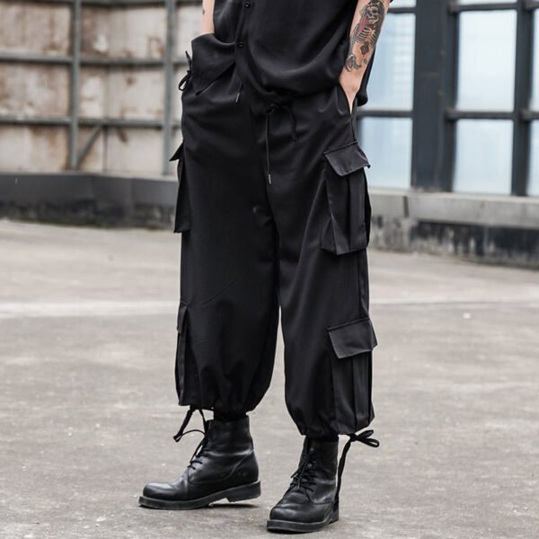 X080P90 Original Design Dark Japanese Department Work Wear Multi-bag Pants Loose Straight Pants Leggings Pumping Rope Men's Casual Pants