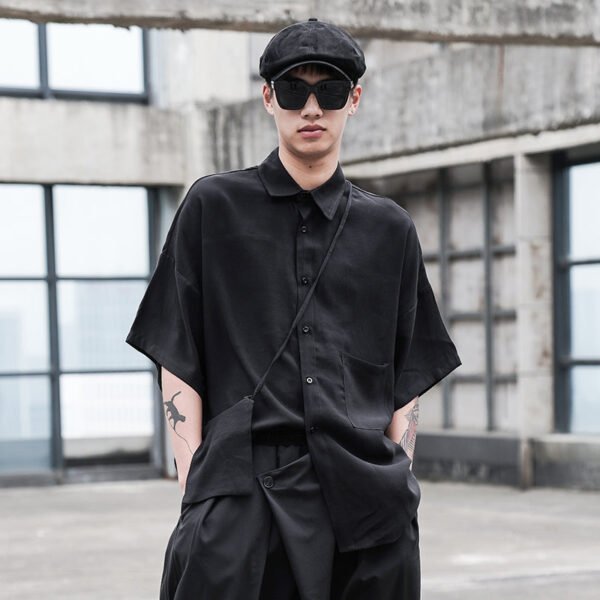 Y044P75 Original Dark Japanese Yamamoto Style Loose Shoulders with Small Bag Men's Short-sleeved Shirt