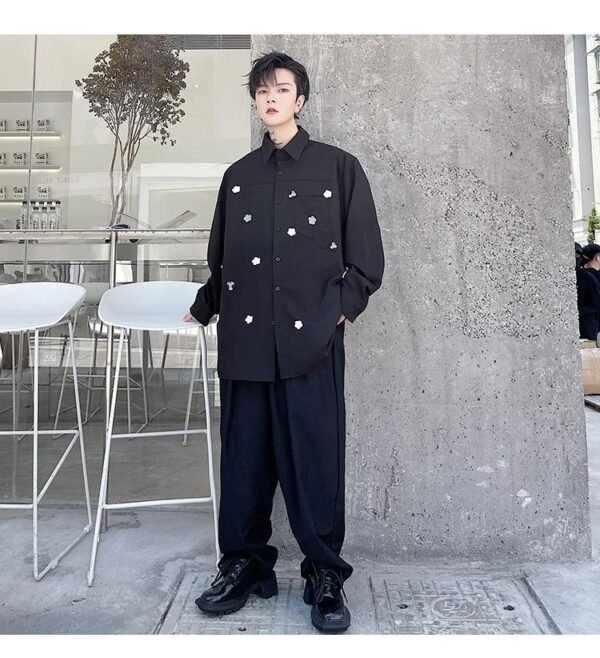 KK1749/P95 Pure Color Handmade Flower Design Loose Long Sleeve Shirt