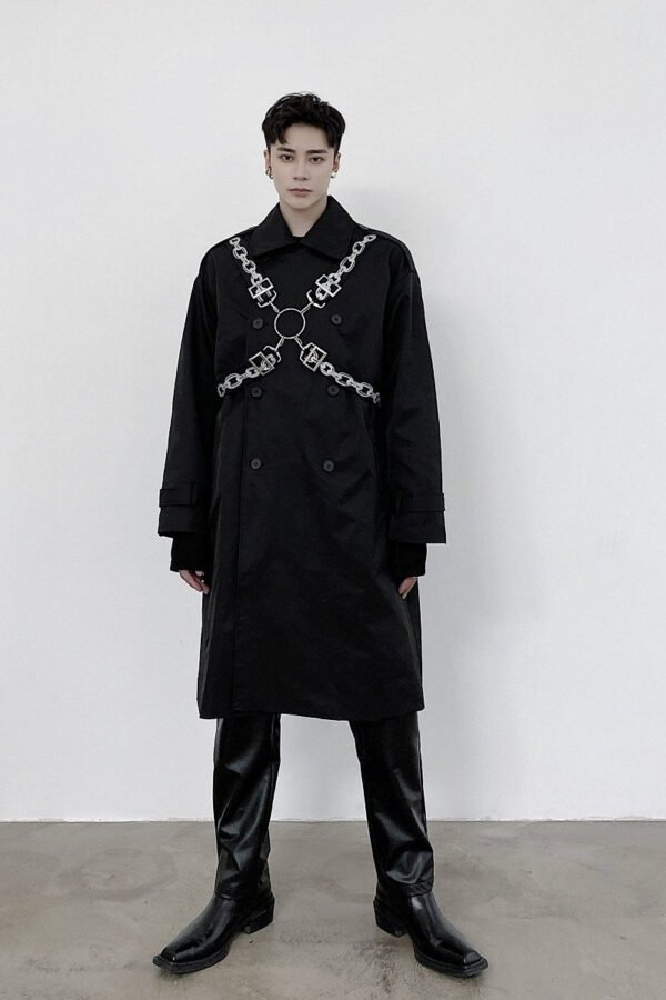 P1453802 Personalized Chain Printing Bandage Various Wearing Methods Fashionable Design Long Windbreaker Coat