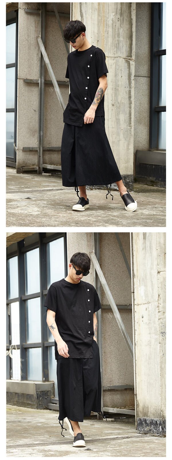 X044p85 Original DesignJanpese Style Cotton Hemp Loose Wide Leg Drawstring Dark Men's Casual Pants Skirt Retro