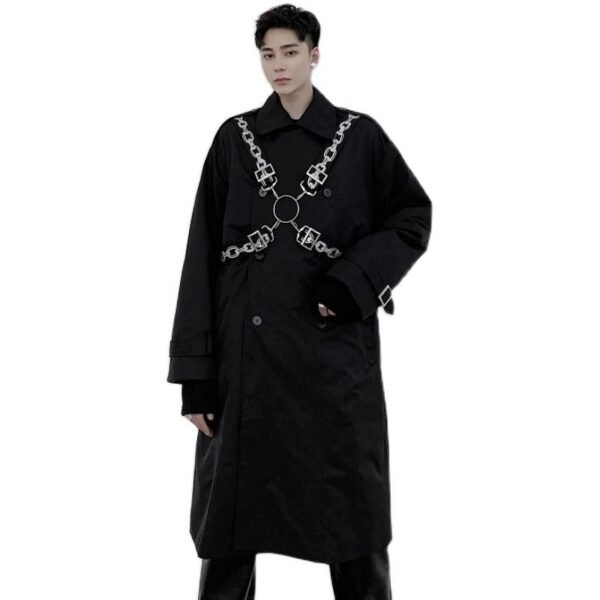 P1453802 Personalized Chain Printing Bandage Various Wearing Methods Fashionable Design Long Windbreaker Coat