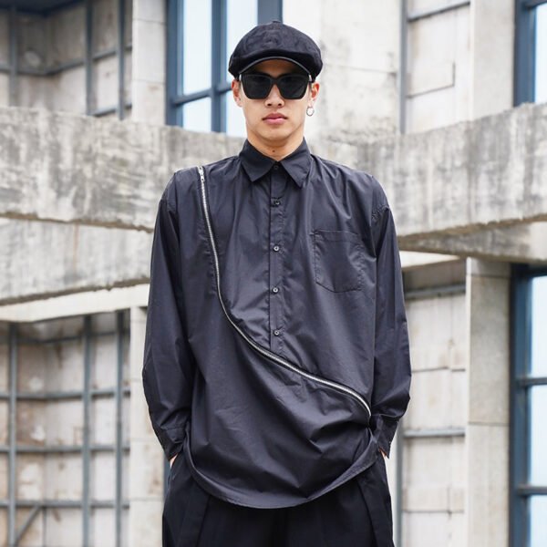Y038P100 Original Design Dark Black Yamamoto Yaoshi Style Zipper Long Sleeve Long Length Shirt