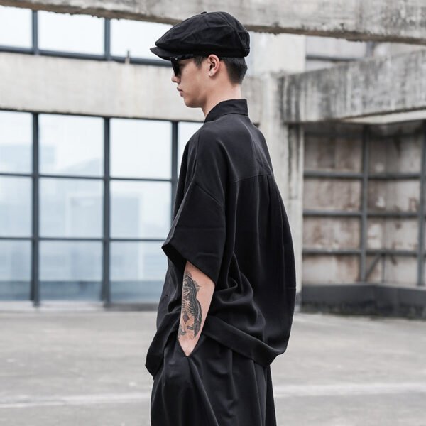 Y044P75 Original Dark Japanese Yamamoto Style Loose Shoulders with Small Bag Men's Short-sleeved Shirt