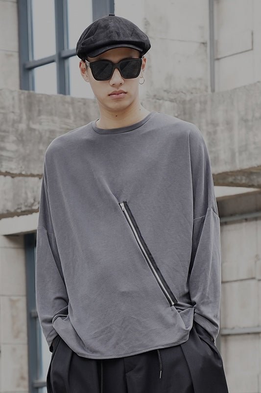 Y035P90 Original Design New Dark Yamamoto Style Zip Perforated Long-sleeved T-shirt