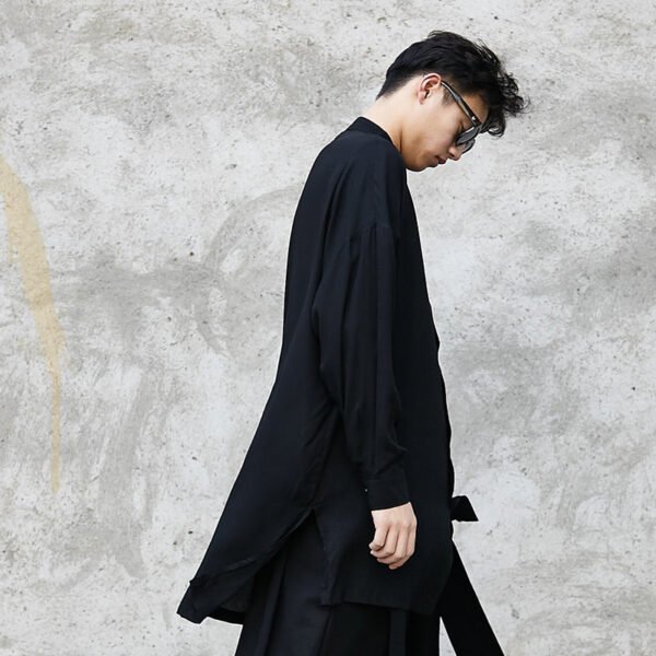 Y021P85 Yohji Show Front Short Back BLACK Cardigan Mountain Breeze Loose Dark Black Men Stand Collar Silk Slip Shirt .