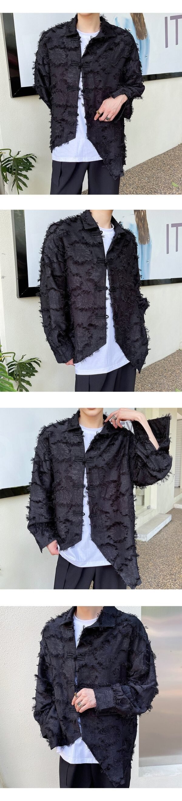 A452--6150--P85 New Dark Chinese Style Special Disc Button Long-sleeved Shirt Fashion Tassel T-shirt