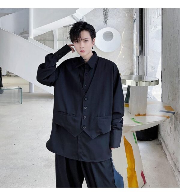 KK1747/P110 Solid Color Vest Fake Two-piece Design Men's Loose Long-sleeved Shirt