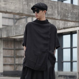 Y047P80 Original Design Dark Japanese Yamamoto Style Loose Front Long Back Short Stand Collar Men's Shirt Top