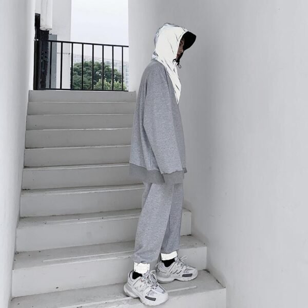 KK1481 Autumn Reflective Cloth Splicing Hooded Elastic Waist Men's Leisure Sports Suit